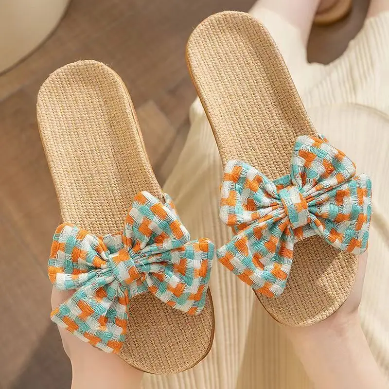 Женские домашние льняные тапки с бантом мягкая подошва Нескользящие без запаха