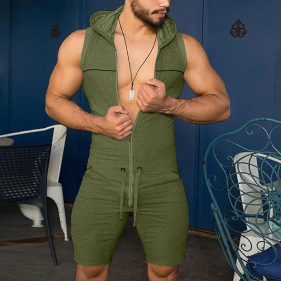 New 2023Men´s One Piece Tight Fitness Jumpsuit Zipper Sleeveless Hooded Rompers with Pockets Male Fashion Rompers Pajamas Sets