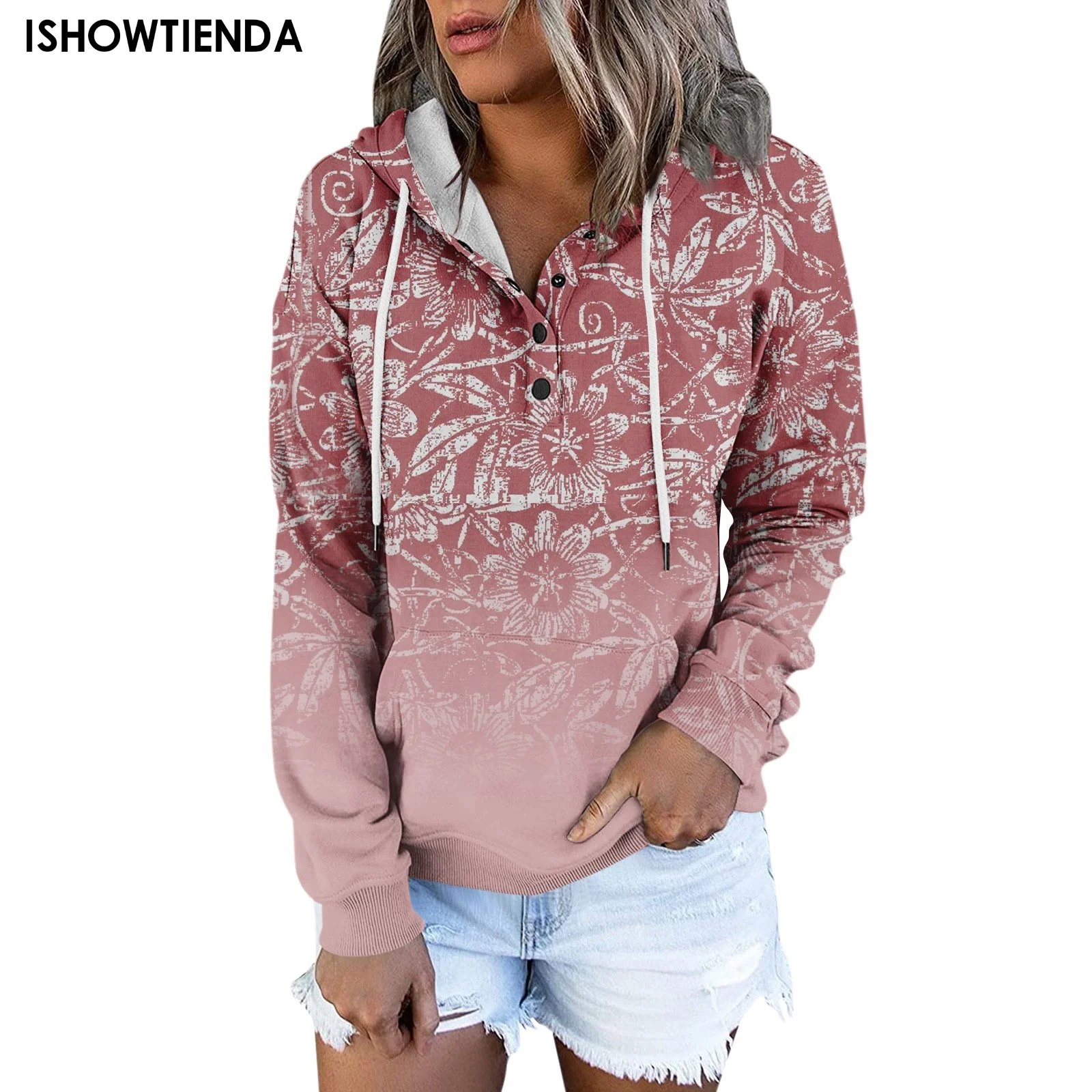 

Женский пуловер с украшением на пуговицах, повседневные свободные топы с принтом, худи, Женская мода на осень, с круглым вырезом и длинным рукавом