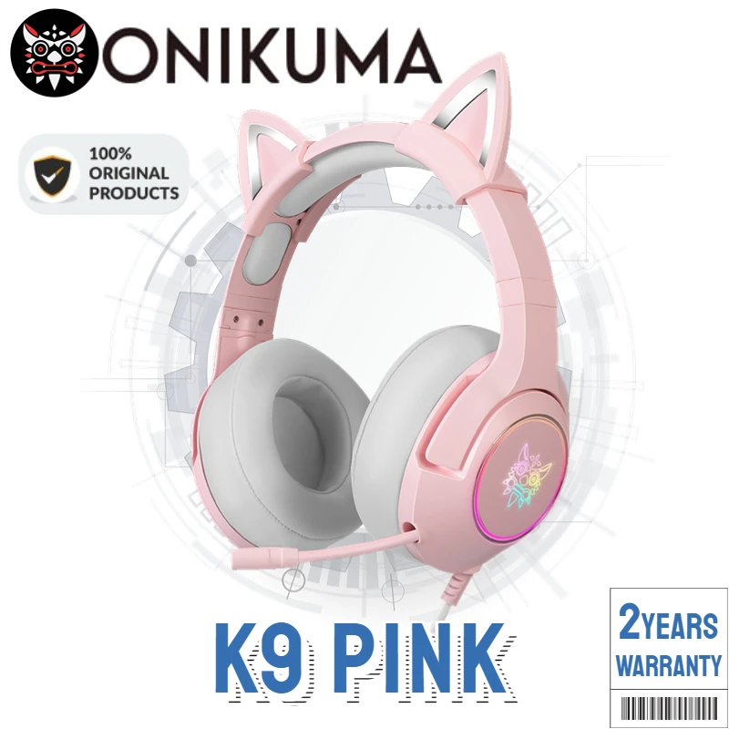 （Original Box）Onikuma K9 Pink Cute Cat Ear Headphone with Mic Gaming Headset and Noise Cancelling with Led Light