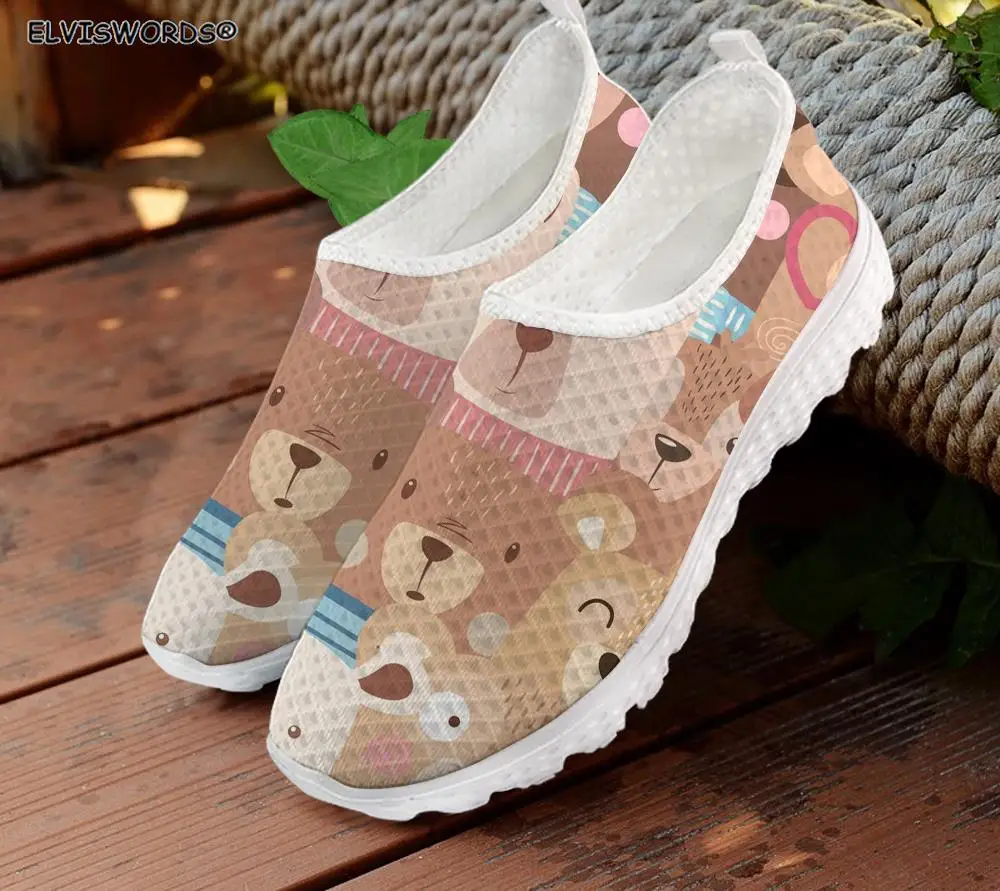 

ELVISWORDS Cute Bear Print Women Slip On Shoes Round Toe Mesh Sneaker Summer Wear Zapatillas 2022