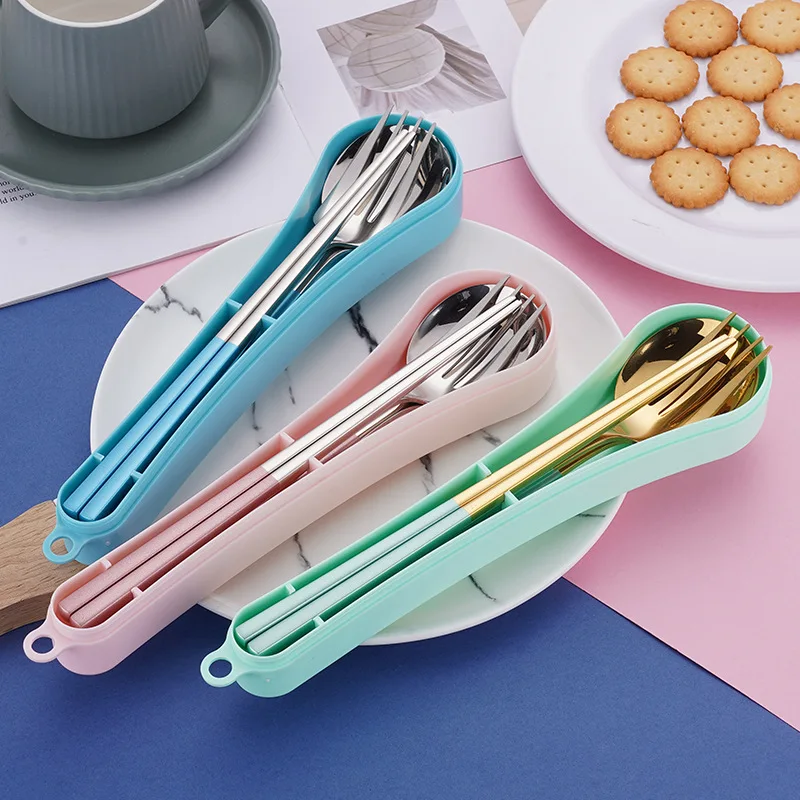 

3/4pcs Portable Stainless Steel Cutlery with Case Fork Spoon Chopsticks Western Students Travel Picnic Set Kitchen Accessories