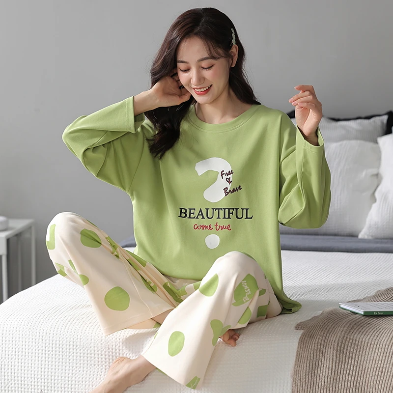 CAIYIER Smile Print Ladies Pajamas Set Autumn Winter Soft Simple Sleepwear O-Neck Cute Cartoon Girls Loungewear Women Homewear