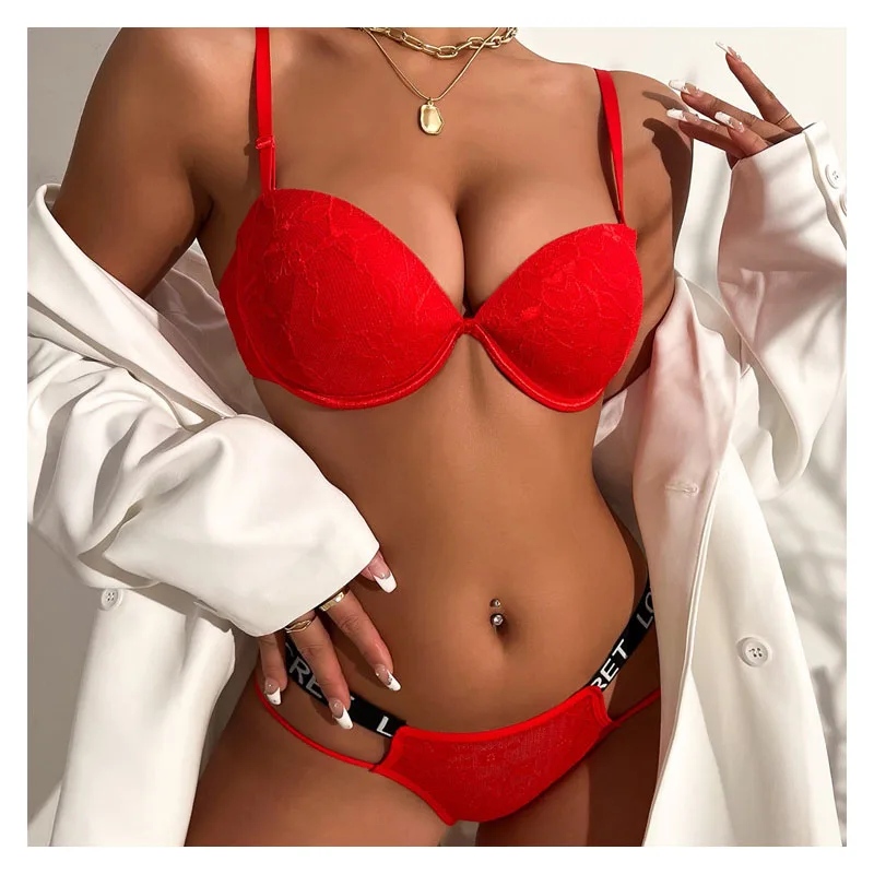 Red with letters lace with steel ring sexy comfortable fashion thin under thick bra underwear set sexy  bra set