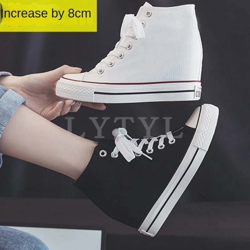 

New Arrival Women 8CM Hidden Heel Platform Wedge Canvas Shoes Outdoor White Black Fashion Girls Wedge Sneakers Women Shoes B1-06