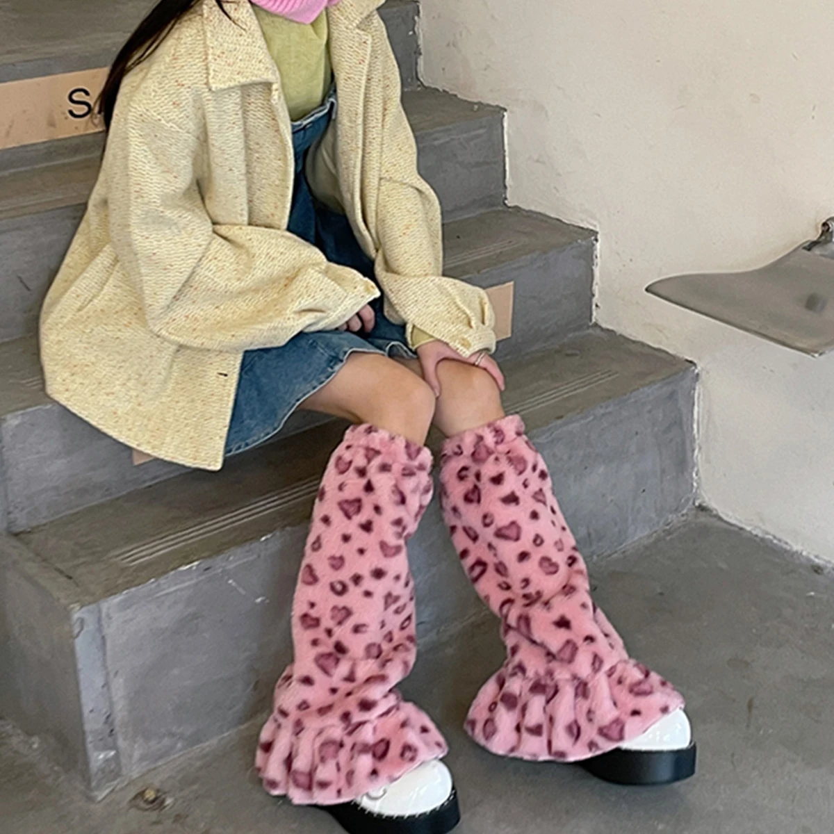 PINK Leopard Fur Leg Warmers Warm Thickening Plush Leg Socks Cover Y2K Winter Leggings Calf Socks Japanese JK Lolita Boot Cuffs