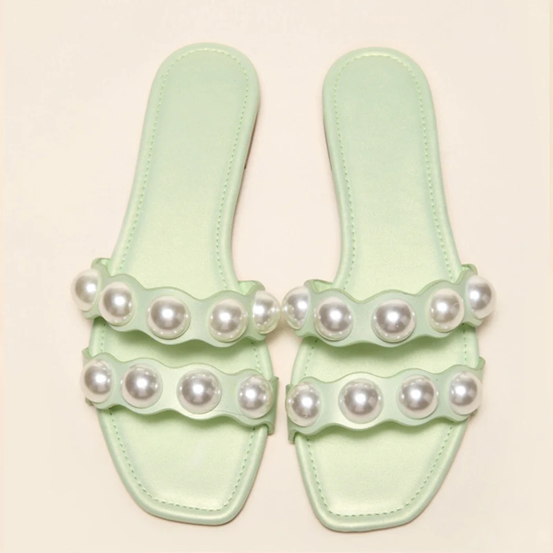 Women's Slippers 2022 European And American Fashion Pearl Sandals Comfortable Soft Bottom Square Toe Ladies Flat Slippers 36-42