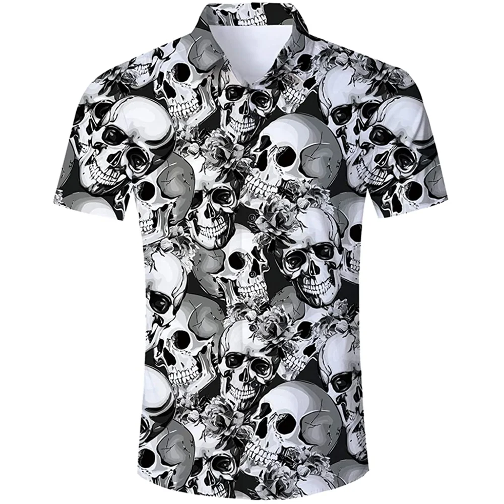 

Гавайская рубашка с черепом для мужчин, Пляжная блуза с 3d принтом, короткий рукав, на пуговицах, повседневная мужская блуза оверсайз, Лето 5xl