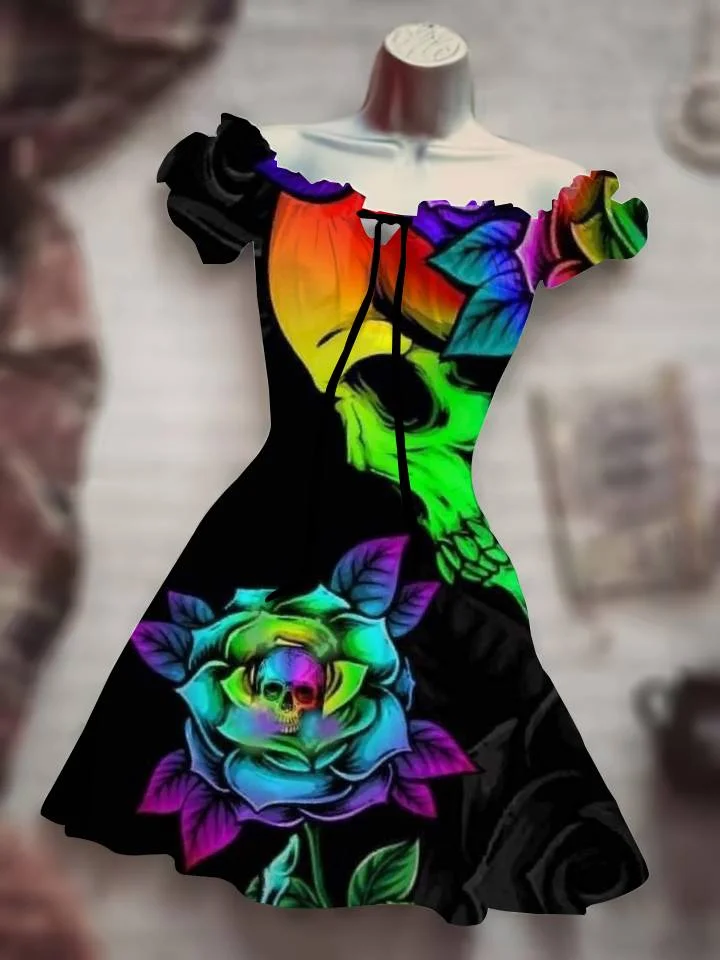 

3D Horror Skull Green Light Halloween Outdoor New Black Clothing Dress Hawaii Bohemian Dress Beauty Black 2023