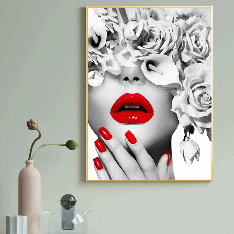 

Sexy Red Lips Beauty Cool Makeup Fashion Poster Black & White Women Canvas Painting Modern Wall Art Pictures Girl Room Decor