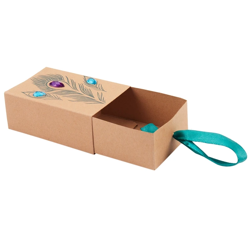 Peacock Feather Candy Drawer Box Design Wedding Supplies Artificial Rhinestone Kraft Paper Gift |