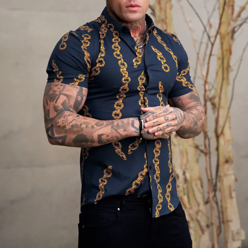 Fashion Social Men Shirts Turn-down Collar Buttoned Shirt Casual Printing Short sleev Tops New Men Clothing Club Prom Cardigan