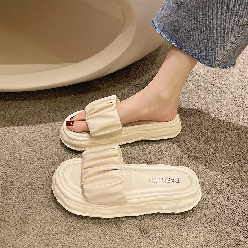

Slippers Casual Shoes Med Platform Summer Clogs Woman Pantofle Slides Luxury Flat Beach 2022 PU Rubber Fashion Flat Shoes Female