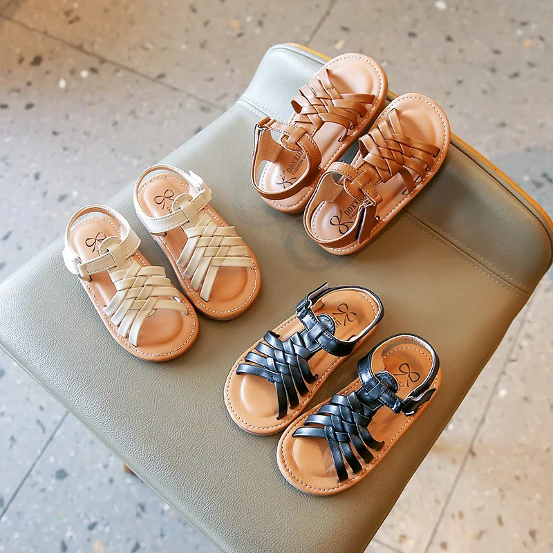 

Kids Girls Fashion Weave Sandals Children Cute Open-toe Korean Style Soft Beach Shoes Solid Black for Boys Flat Shoes