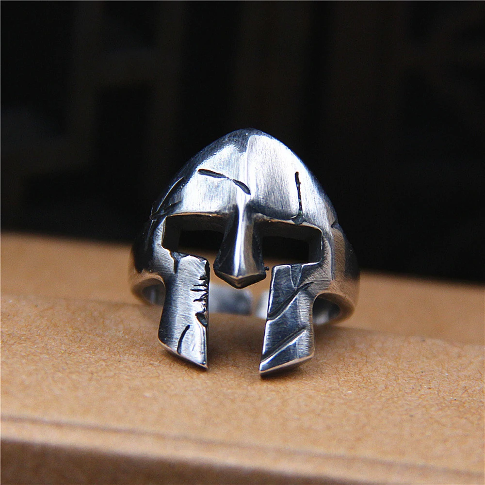 

European and American Trendy Men's Roman Mask Tail Ring Thai Silver Vintage S925 Sterling Silver Opening Handmade Spartan Helmet