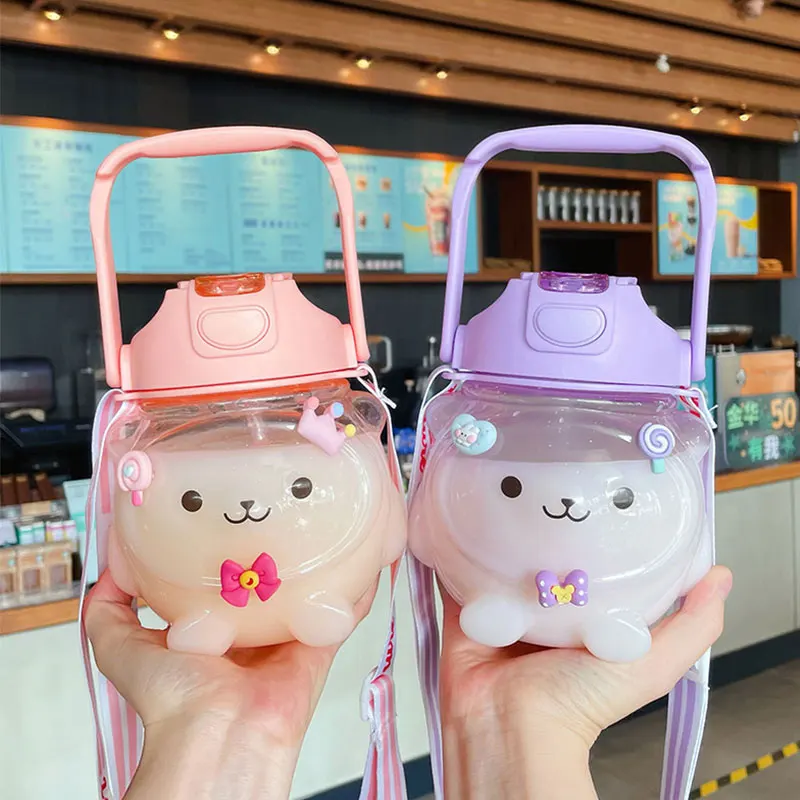 

1 Liter Water Bottle for Kids with Straw Strap Bounce Cover Outdoor Sports Leakproof Plastic Bottle Girls Cute Drinking Cup