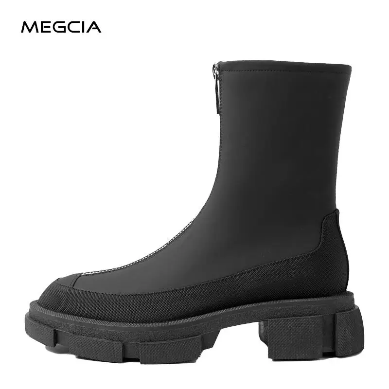 

MEGCIA Front Zip Boots Women Genuine Leather Boots Chunky Low Block Heel Shoes Round Toe Autumn Booties Winter Female Brand 2022