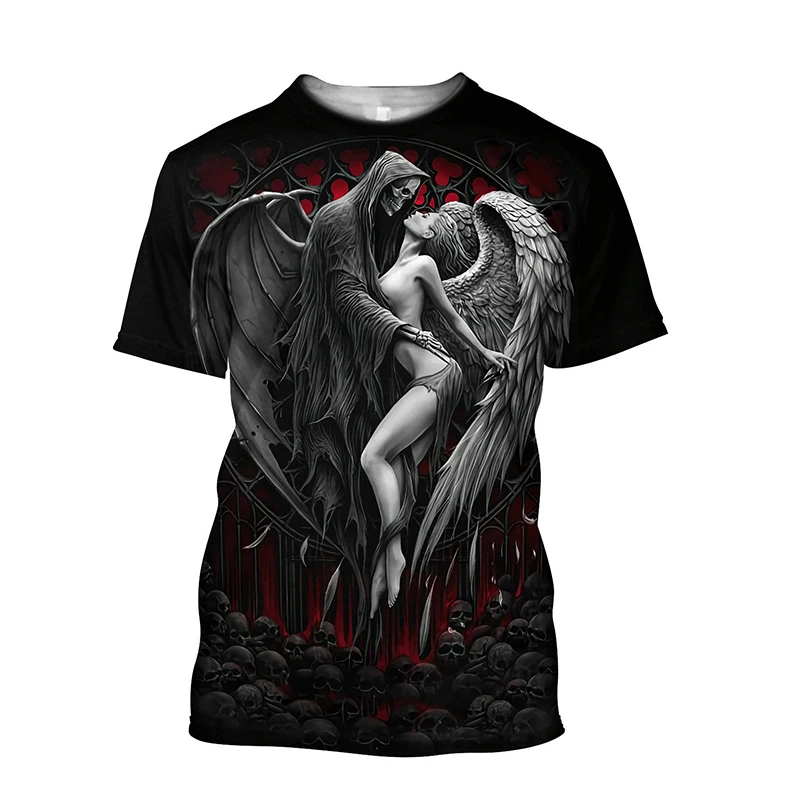 

2022 Summer Angel Demon Men's T Shirt for Men Fashion Loose Shirts Oversized Clothing Short Sleeve 3D Printed Tshirts Anime Tops