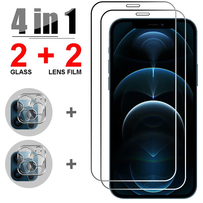 

4in1 Tempered Glass for iPhone 12 Pro Max 12 Mini 11 Pro Screen Protector Phone Camera Lens Film for iPhone 11 Protective Glass