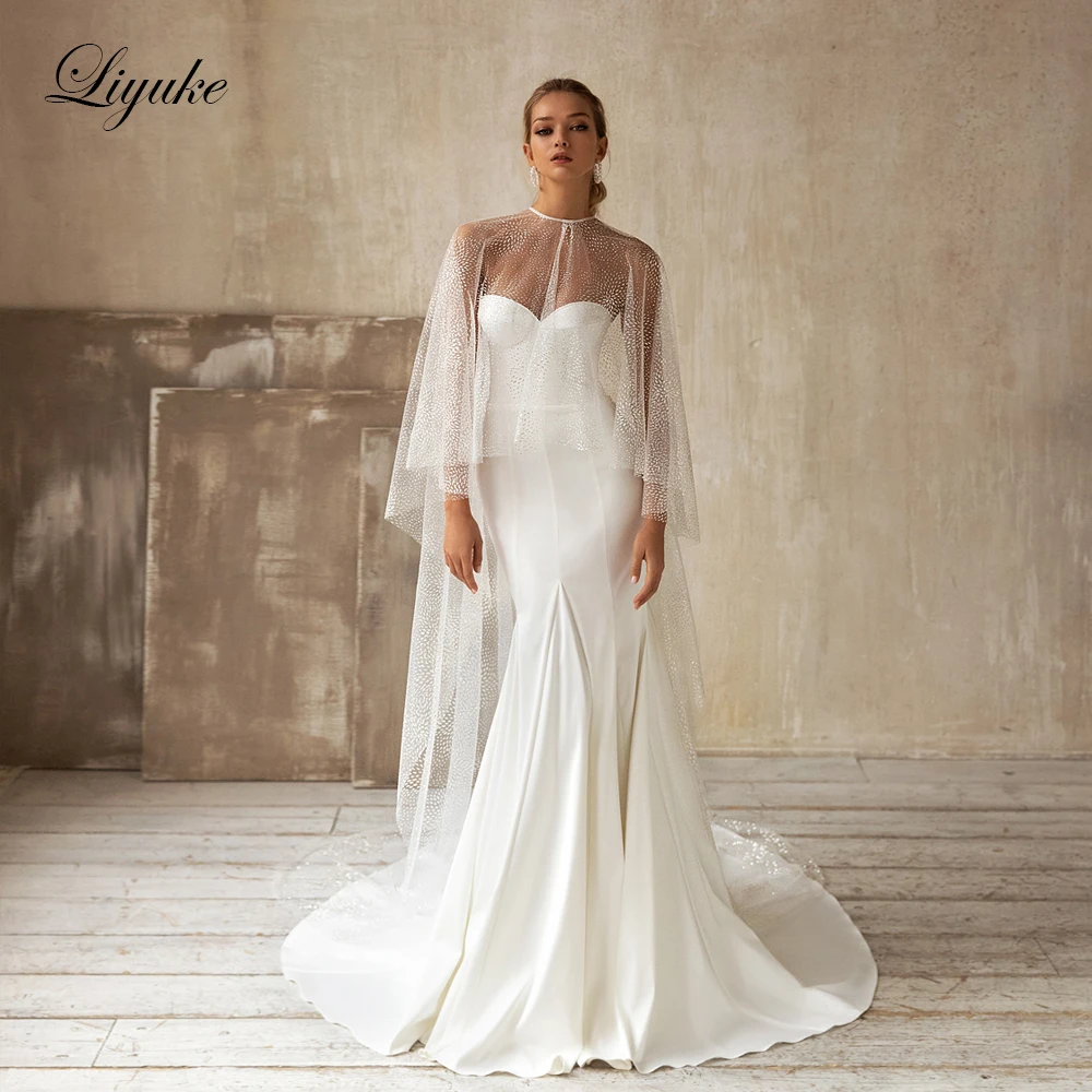 

Liyuke Elegant Satin Mermaid Wedding Dress Robe De Marriage Sweetheart Off The Shoulder Trumpet Bridal Gown With Removable Cape