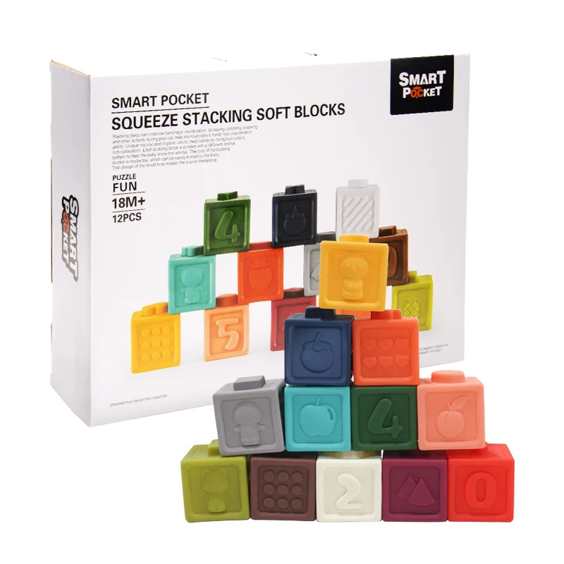 

Soft building blocks 12pcs Baby Soft Plastic Building Blocks Bath Stacking Toys for Toddler 3D Cubes Teether Montessori