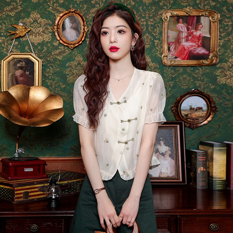 Женская летняя блузка с коротким рукавом и V-образным вырезом