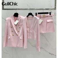 7.6 GuliChic Women Wool Double Breasted Slim Blazer Or Short Blouse Or With Belt A-Line Skirt Fashion Pink Set