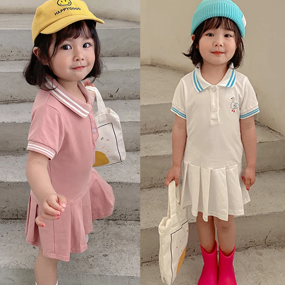 

Baby Girls And Toddler Short Sleeve Polo Dress Sport Style Embroidery Duck Pink Pleated Skirt Slim Fit Little Girl Clothing
