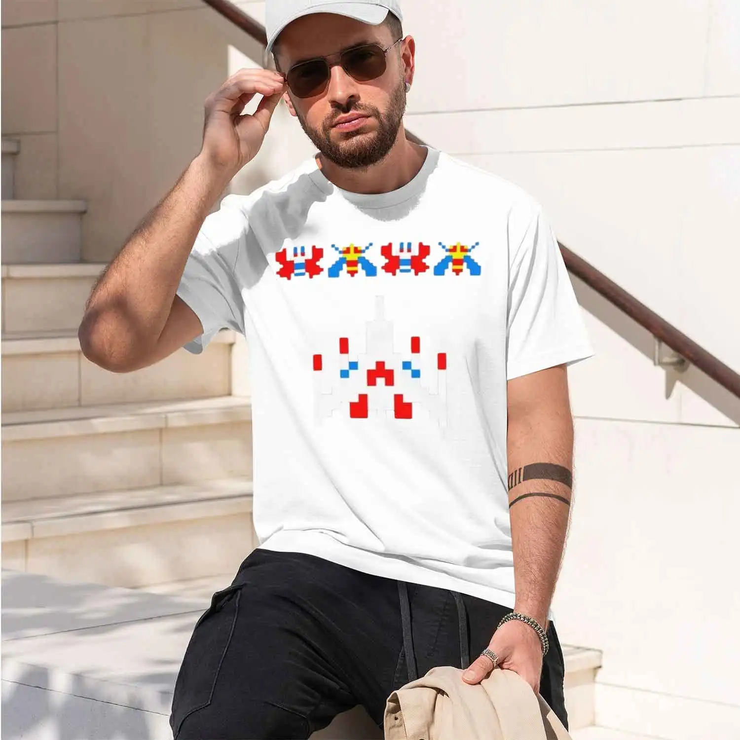Фото Винтажная футболка в стиле 80-х и 70-х годов с изображением видеоигры Galaga Invader Space Gaming, мужская футболка в стиле Харадзюку, ретро, повседневная модная футболка, 20 шт. №2