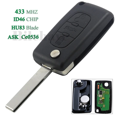 Jingyuqin 5 шт./лот 3 кнопки для Peugeot Ce0536 для Citroen C3 C5 FOB Smart Remote Автомобильный ключ ASK 433 МГц ID46 чип с лезвием HU83