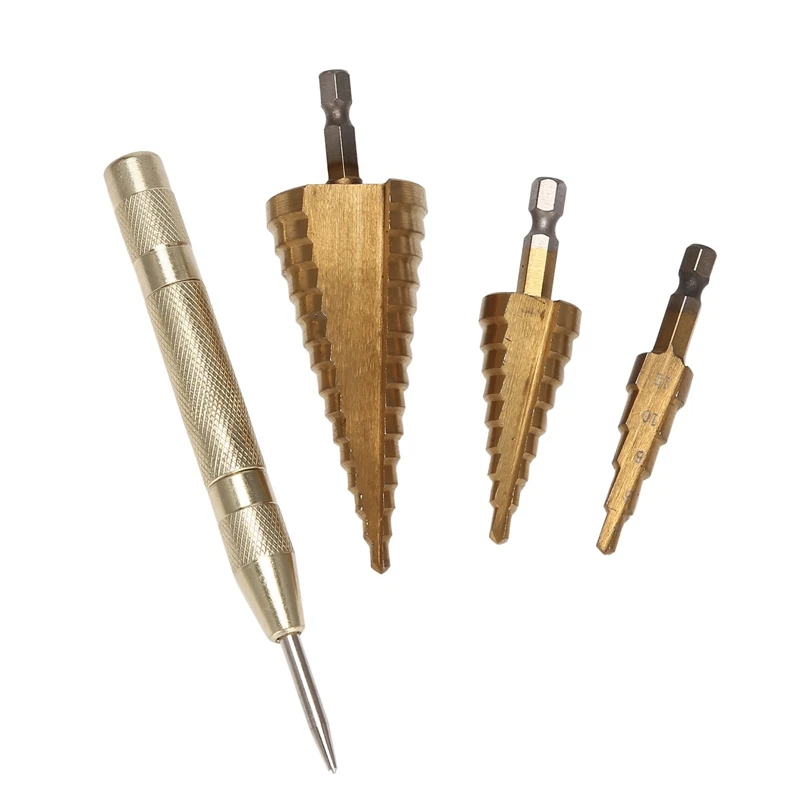 

3Pcs Step Drill Bit Set With Center Punch,4-12Mm/4-20Mm/4-32Mm Drill Bits Set For Sheet Metal Hole Drilling