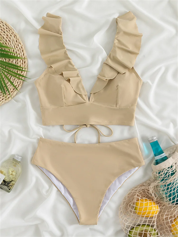

Swimwear Women Swimsuit 2022 New Bikini Mujer Solid Ruffled Bikinis Set High Waist Bathing Suit Female Beach Two Pieces Summer