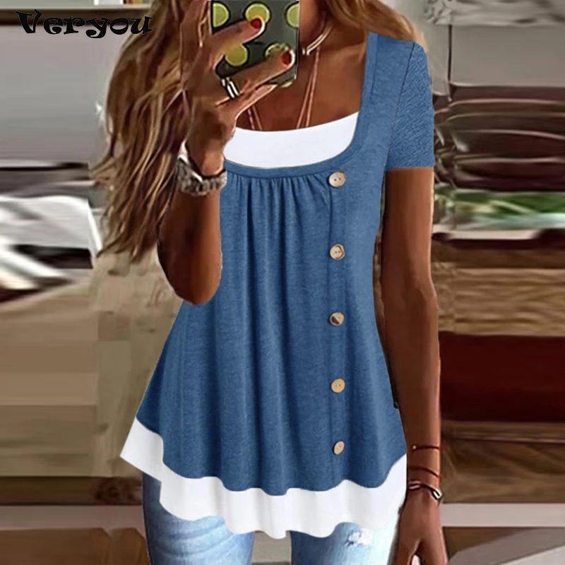 

Элегантная Летняя женская Повседневная Блузка, рубашка с коротким рукавом, пуловер из двух частей с имитацией двух частей, модные дизайнерс...