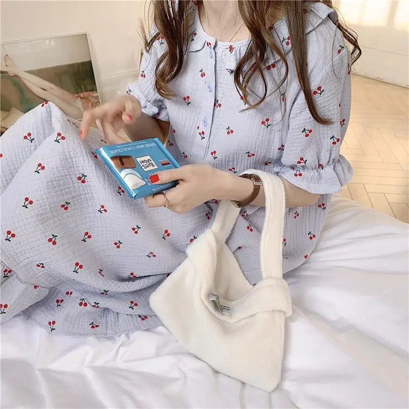 Nightgowns Women Summer Kawaii Printed Korean Style Sleepwear Casual Cozy Mid-calf Homewear Sweet Girlish Fashion Lovely Ruffles