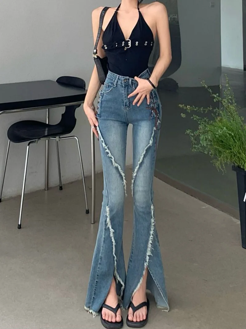 

Y2k Slit Raw Edge Strappy Flared High Waist Jeans Retro High Street Fashion Wide Leg Pants Hot Girl Casual Simple Trousers