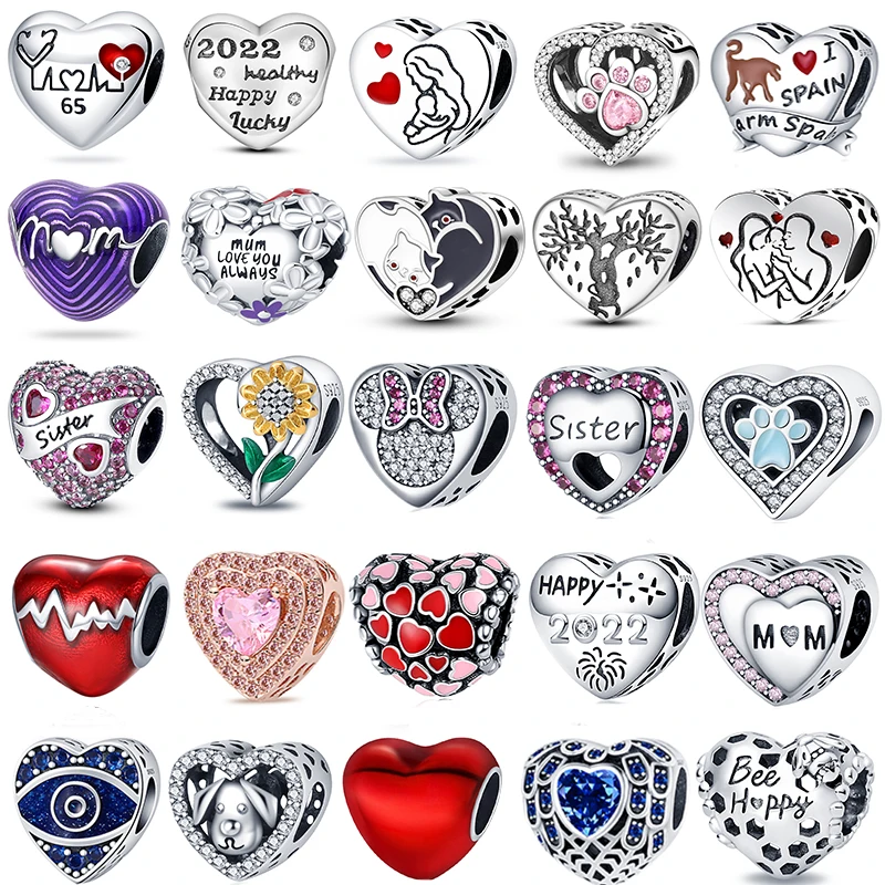 

Love Heart Collection 925Sterling Silver Multiple Styles Heart Shape Charms Fit Pandora Original Bracelets DIY Jewelry Best Gift