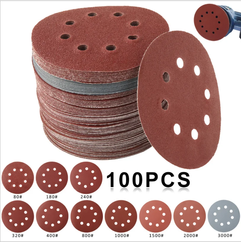 

100pcs 125mm Sandpaper Round Shape Sanding Discs Hook Loop Sanding Paper Buffing Sheet Sandpaper 8 Hole Sander Polishing Pad