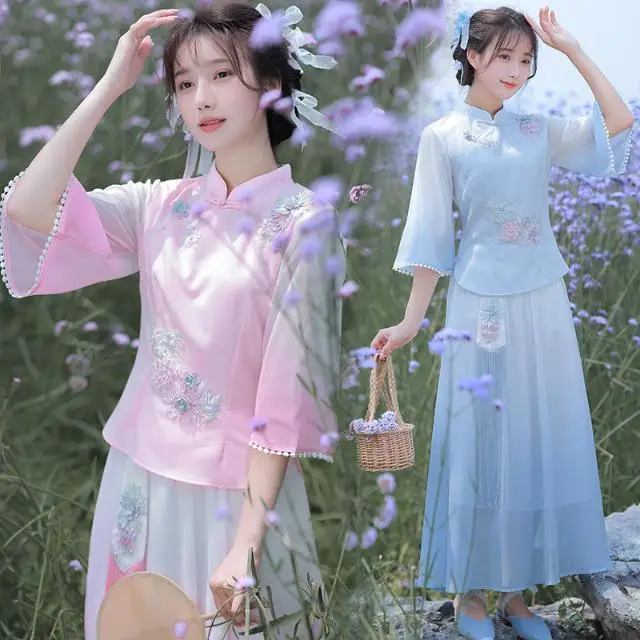 

2023 китайский стиль Женский костюм Тан Ретро hanfu улучшенный cheongsam pan Кнопка Половина рукава Топ эластичная юбка китайский чайный костюм g703