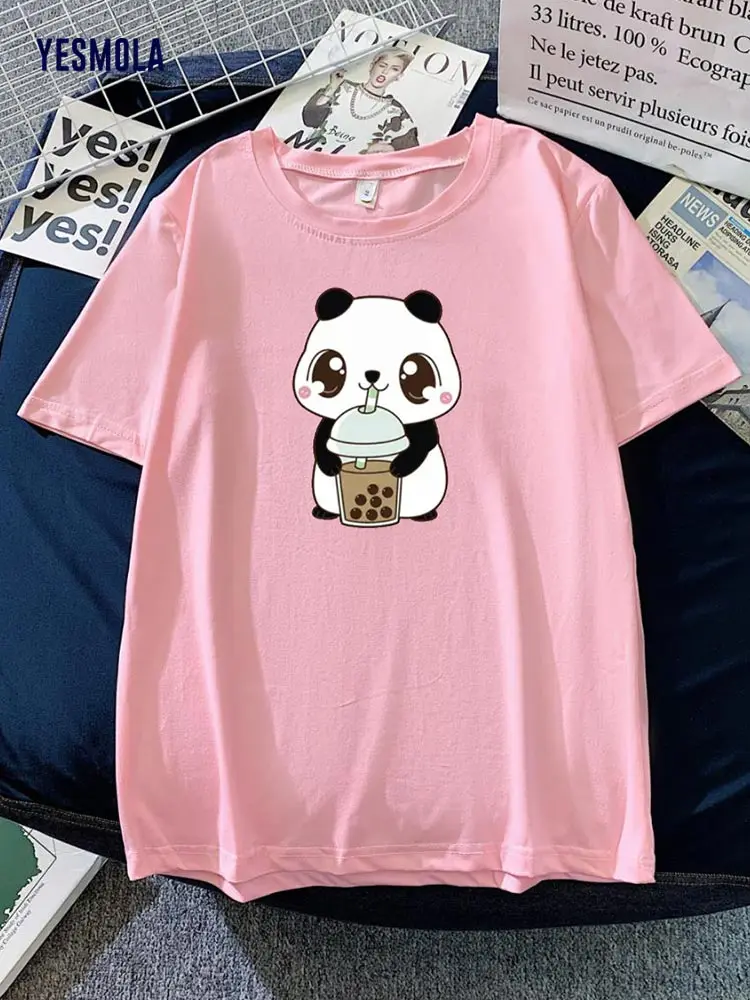 

YESMOLA Pearl Milk Tea Panda Kawaii Print Tshirts Women's Casual Summer Top Korean Loose Large Personality T-shirt Women