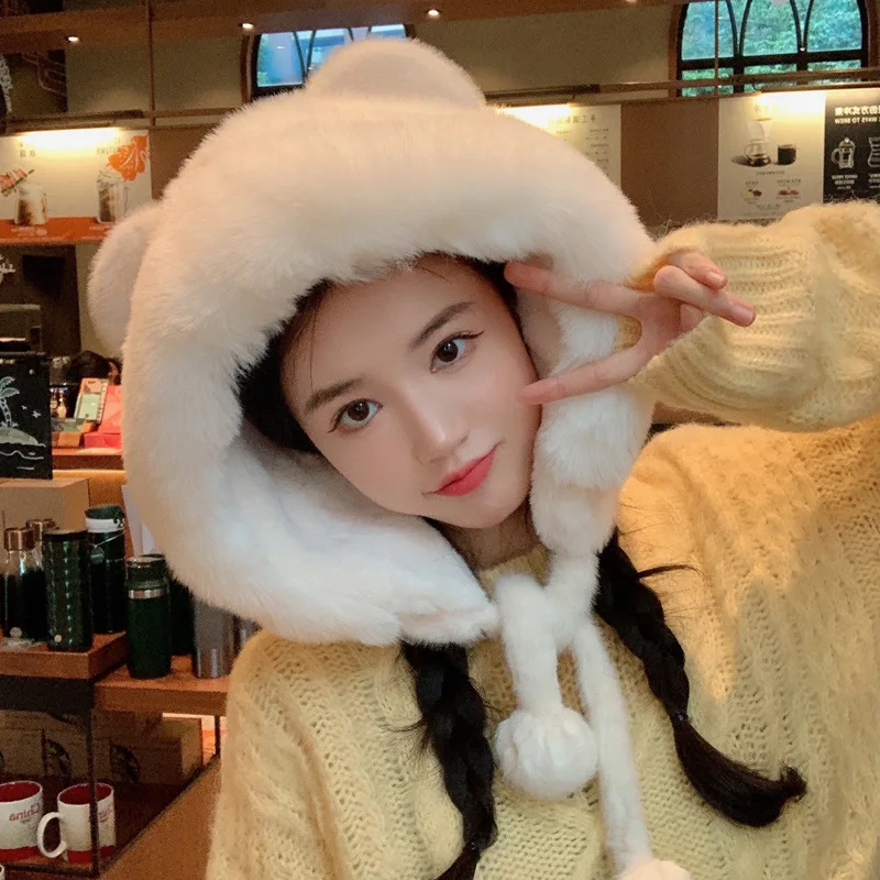 

Winter Ladies Hat Scarf Fashion Bear Women’s Scarf Thickening Fur Warmth And Cold Protection Luxury Cashmere Caps 2022 New Hot
