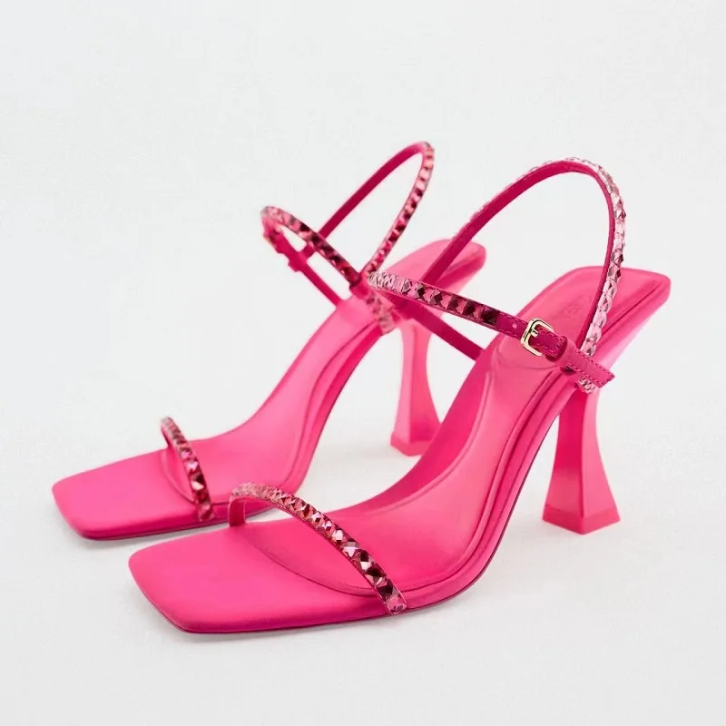 

Spring and summer new sexy square head rhinestone with sandals slim high heels banquet dress versatile large women's shoes