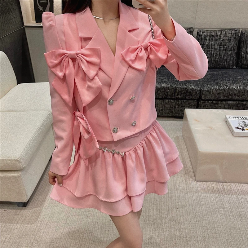 F GIRLS  Women Autumn 2Piece Sets Sweet Bowknot Long Sleeve Turn-down Collar Blazer Coat + Fashion Diamonds Ruffle A-line Skirt