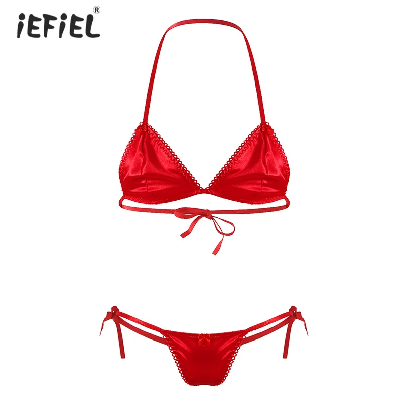 

Gay Men Sissy Underwear Satin Two-piece Lingerie Set Lace-up Halter Unlined Wireless Bra with Thongs Panties Male Exotic Apparel