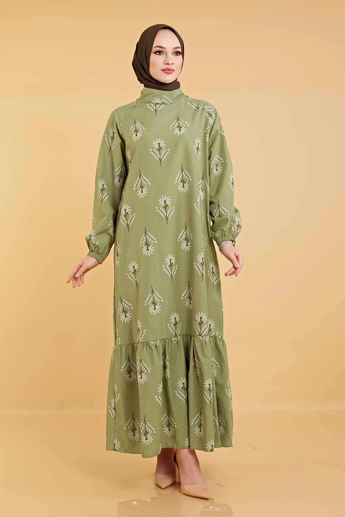 Frilled hem Printed Dress SAG Pine Nuts Winter Autumn 2021 Muslim Women Hijab headscarf Islamic Turkey