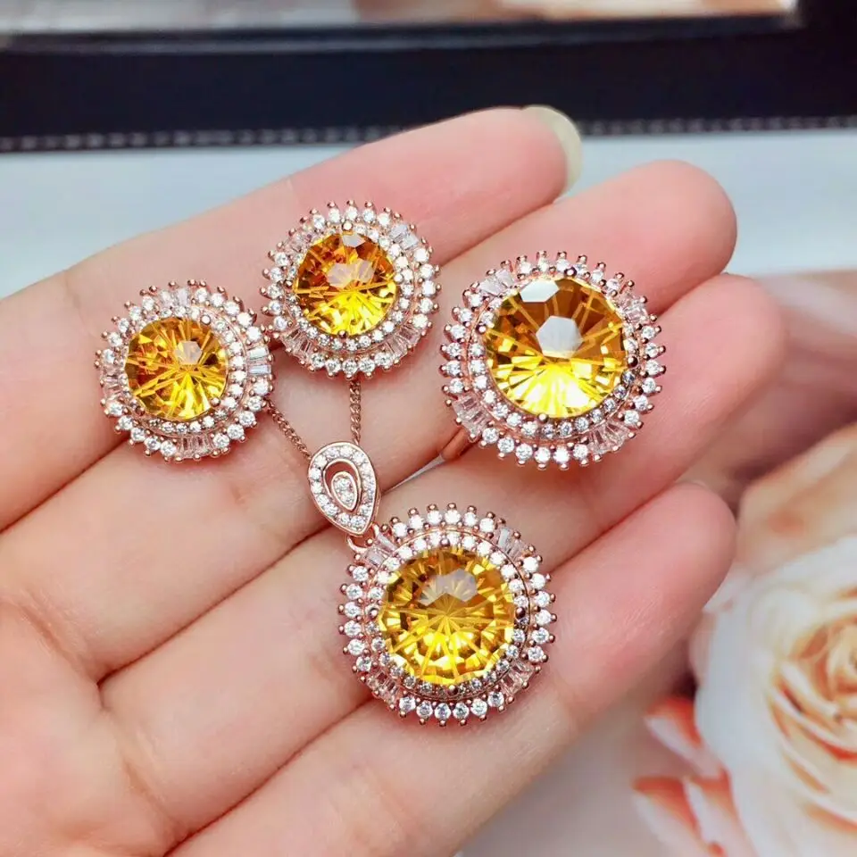 

MeiBaPJ Luxurious Natural Citrine Jewelry Set 925 Silver Necklace Earrings Ring Three-piece Suite Wedding Jewelry for Women
