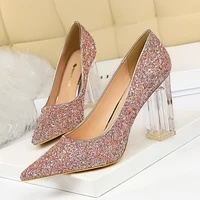 new fashion transparent crystal heel thick heel high heel shallow mouth pointed toe sexy nightclub shining sequin shoes