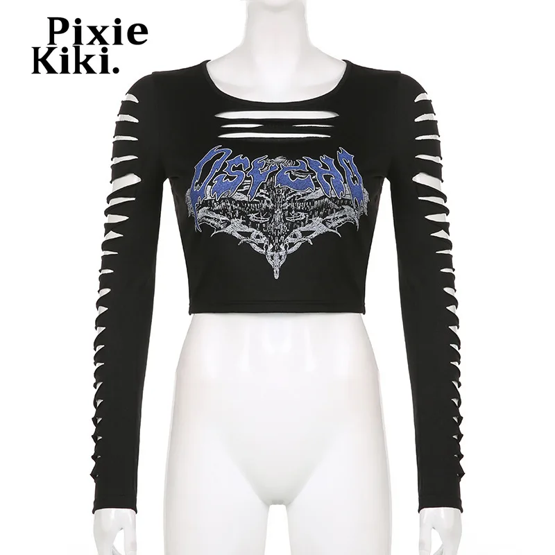 PixieKiki Black Gothic Punk Crop Top Y2k Egirl Clothes Aesthetic Slim Fit Hollow Out Long Sleeve T Shirts Dark Academia P67-DZ11 | Женская