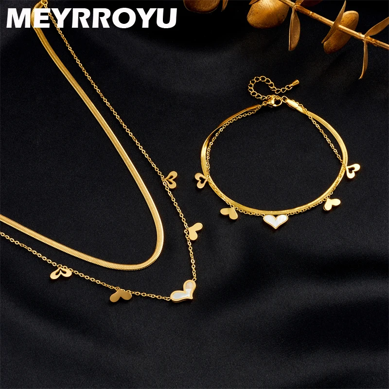 

MEYRROYU 316L Stainless Steel Jewelry Set Necklace Anklet Golden Heart Pendant For Women New Trend Gift Temperament Accessories