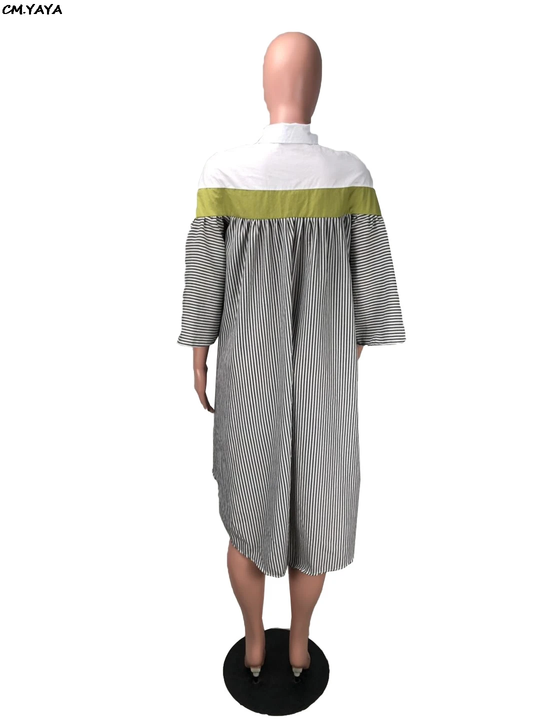 CM.YAYA Women Stripes Splicing Turn Down Neck Loose Wrist Sleeve Vintage Blouses Shirts Dress Fashion Vestidos Summer Dresses | Женская
