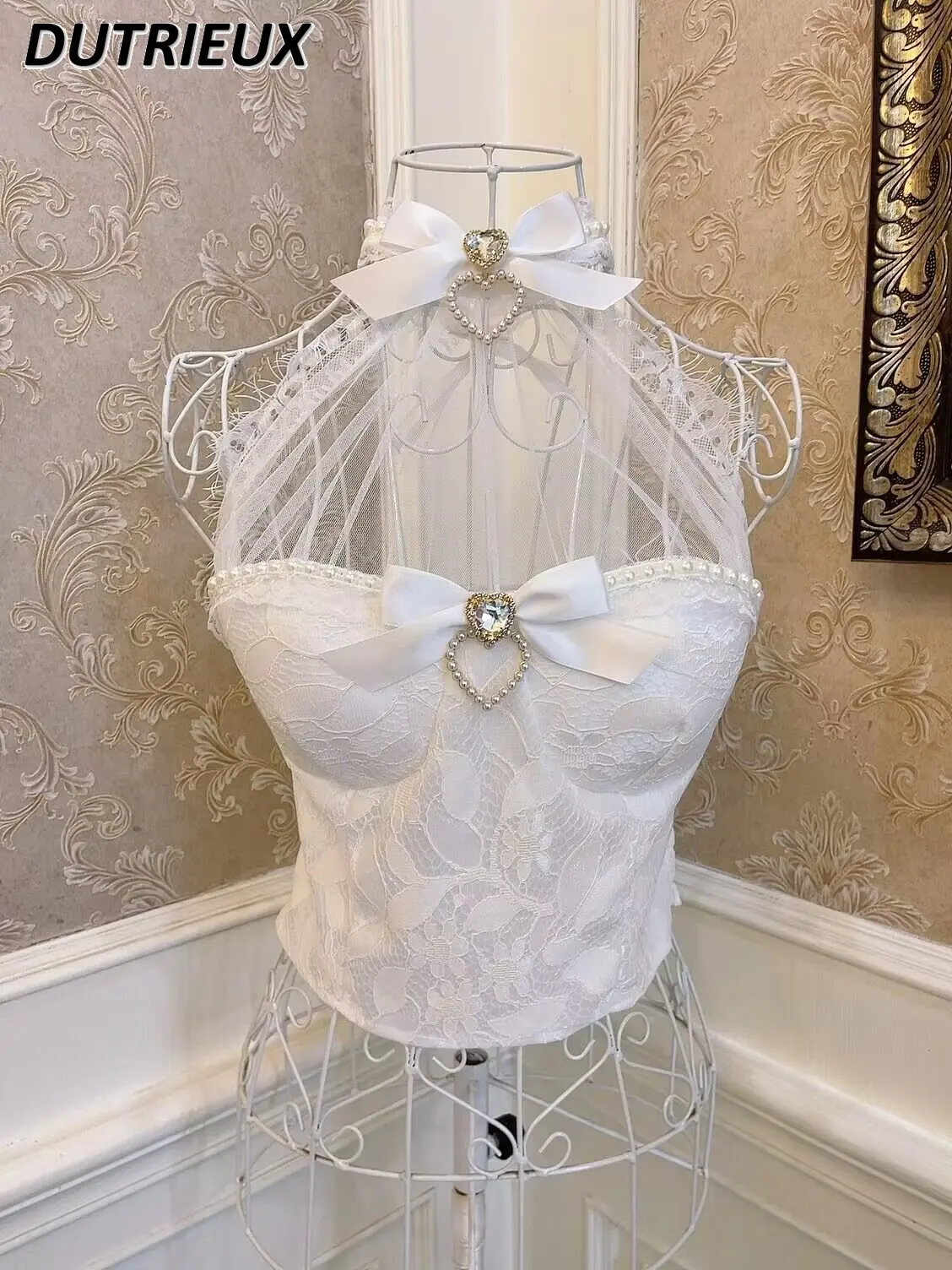 

Princess Women's Sexy Camis Bow Love Rhinestone Crop Tops Pearl Lace Edge Slim Halter Tank Top Fashion Summer New Short Sling